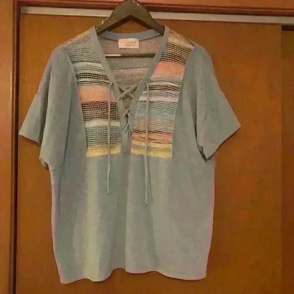 Sugarfox Womens Sage Green Lace Up Striped Panel‎ Knit Short Sleeve Top Boho L